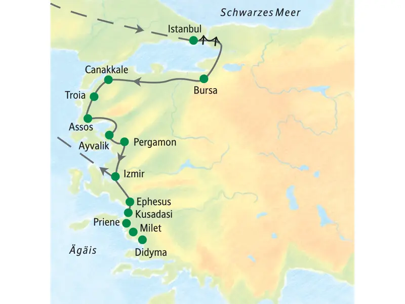 Karte der Studiosus-Studienreise durch die Westtürkei. Die Route führt von Istanbul über Bursa, Troia, Pergamon und Ephesus.
