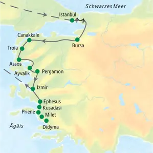 Karte der Studiosus-Studienreise durch die Westtürkei. Die Route führt von Istanbul über Bursa, Troia, Pergamon und Ephesus.