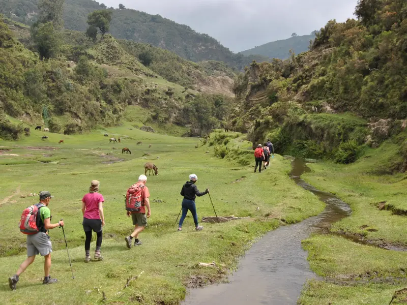 Eine Reisegruppe beim Trekking in Äthiopien wandert auf einem Pfad entlang eines Baches durch ein grünes Tal im Gurage-Hochland.