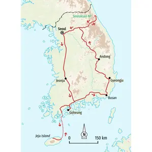 Karte der Hauser Wanderreise durch Südkorea mit Route von Seoul zum Seoraksan Nationalpark, Busan und Jeju Island.