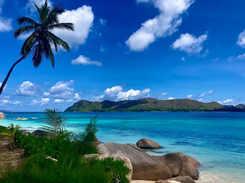Traumhafter Strand auf den Seychellen mit Granitfelsen und Palmen. Das türkise Meer lädt zum Baden und Entspannen ein.