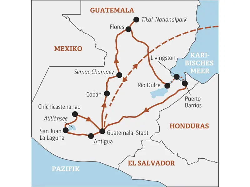 Karte der Marco Polo YOUNG LINE TRAVEL Gruppenreise für junge Leute in Guatemala: Die Route führt von Antigua über den Atitlánsee und Tikal zur Karibikküste.