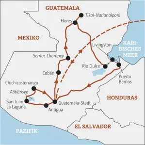 Karte der Marco Polo YOUNG LINE TRAVEL Gruppenreise für junge Leute in Guatemala: Die Route führt von Antigua über den Atitlánsee und Tikal zur Karibikküste.