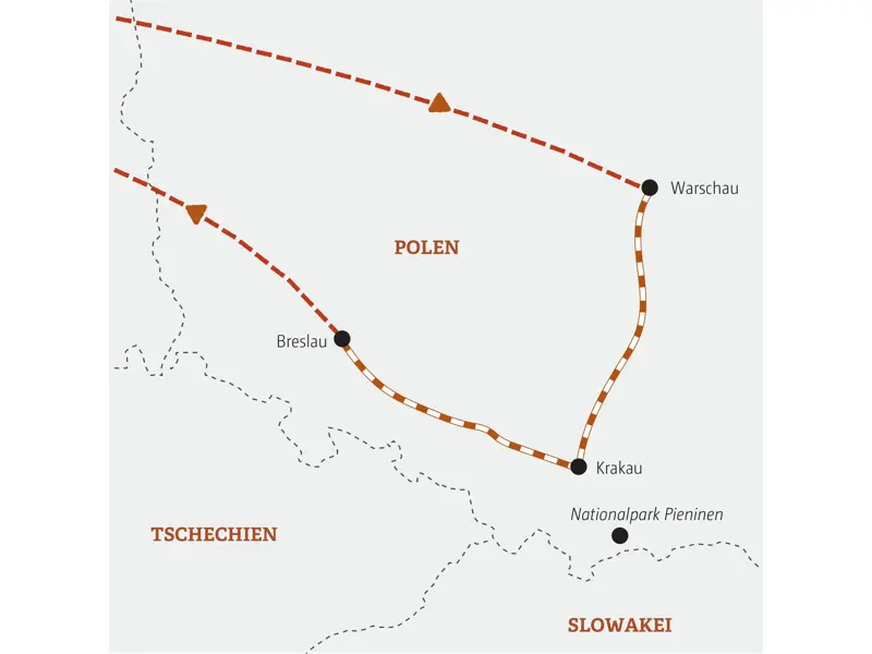 Karte der Marco Polo Entdeckerreise in Polen, die als Bahnreise von Warschau über Krakau nach Breslau führt.