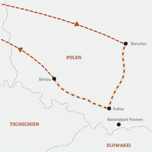Karte der Marco Polo Entdeckerreise in Polen, die als Bahnreise von Warschau über Krakau nach Breslau führt.