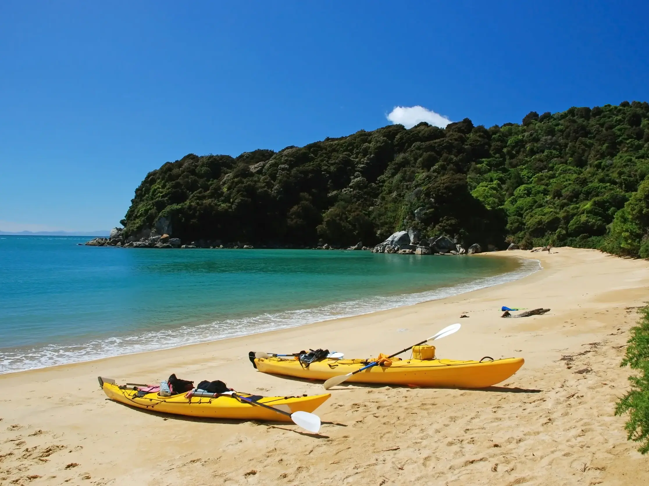 Sonniger Tag am Sandstrand im Abel Tasman Nationalpark: zwei gelbe Seekajaks warten vor türkisem Meer auf die nächste Tour.
