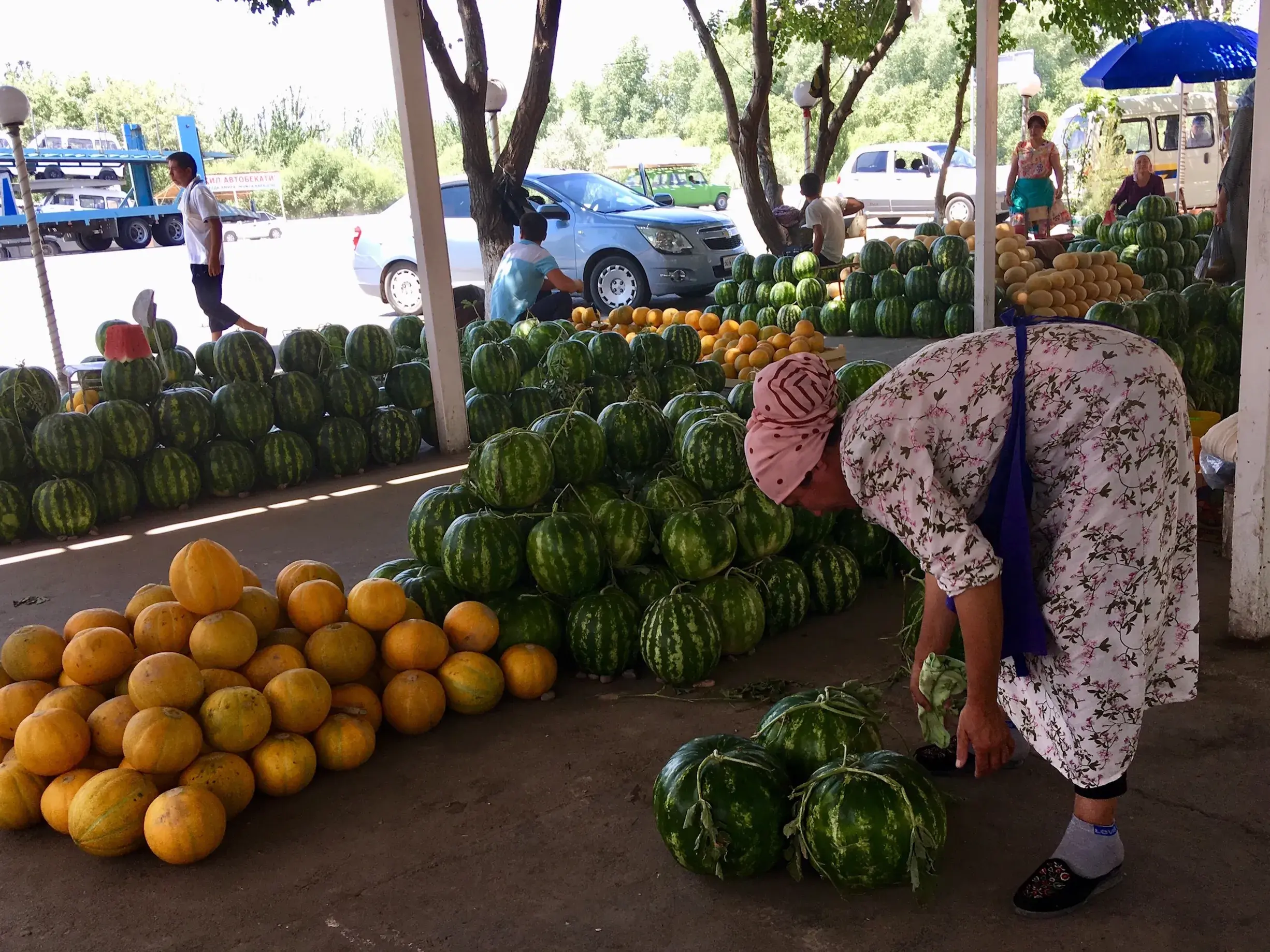 Einheimische Frau wählt auf einem belebten Markt an der Seidenstraße Wassermelonen von hohen Obststapeln aus.