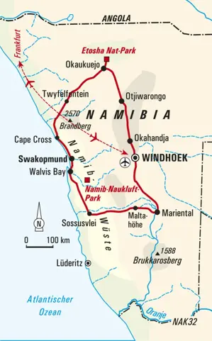 Reiseroute der Selbstfahrer-Wanderreise in Namibia: von Windhoek über Sossusvlei und Swakopmund zum Etosha-Park.