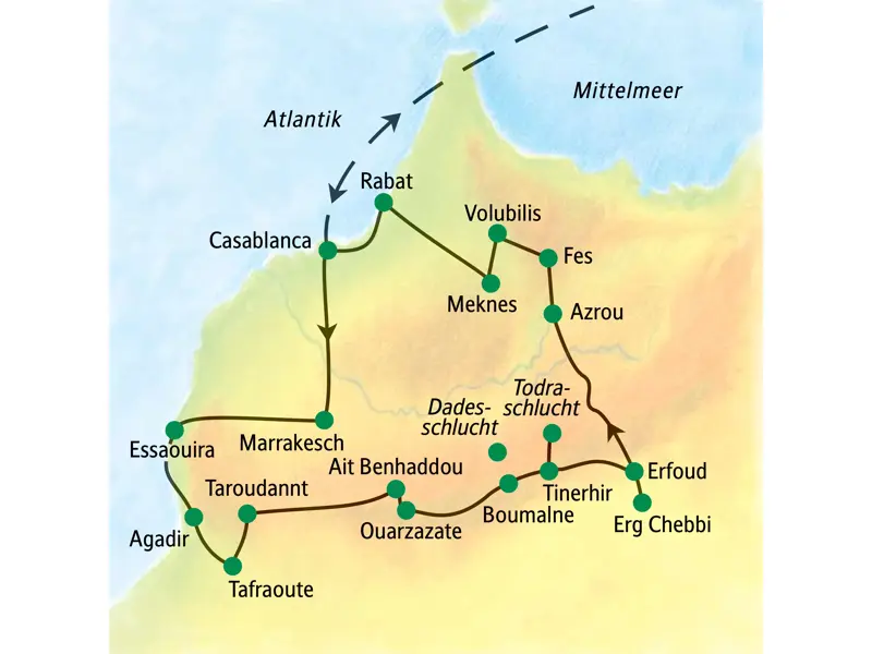 Karte der geführten Studienreise durch Marokko, die von Casablanca über Marrakesch, Ouarzazate, die Sahara und Fes führt.