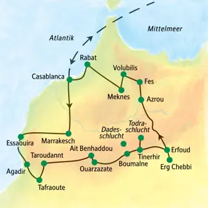 Karte der geführten Studienreise durch Marokko, die von Casablanca über Marrakesch, Ouarzazate, die Sahara und Fes führt.