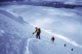 Bergsteiger in einer Seilschaft beim anspruchsvollen Gipfelaufstieg am vergletscherten Vulkan Chimborazo in Ecuador.
