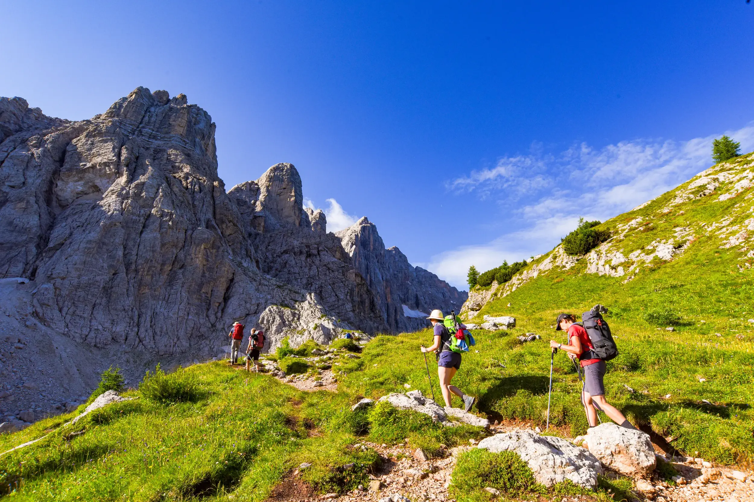 Wandergruppe mit Rucksäcken auf einem schmalen Pfad des Höhenwegs Alta Via 1 entlang schroffer Felsen der Dolomiten.