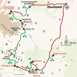 Karte der MTB-Reise in der Mongolei von Ulaanbaatar durch die Wüste Gobi und das Changai-Gebirge über Karakorum zurück.