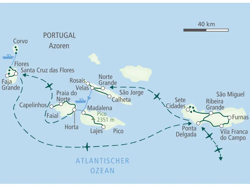 Karte der Hauser Wanderreise auf den Azoren mit der Route über die Inseln São Miguel, São Jorge, Pico, Faial, Flores und Corvo.