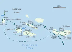 Karte der Hauser Wanderreise auf den Azoren mit der Route über die Inseln São Miguel, São Jorge, Pico, Faial, Flores und Corvo.