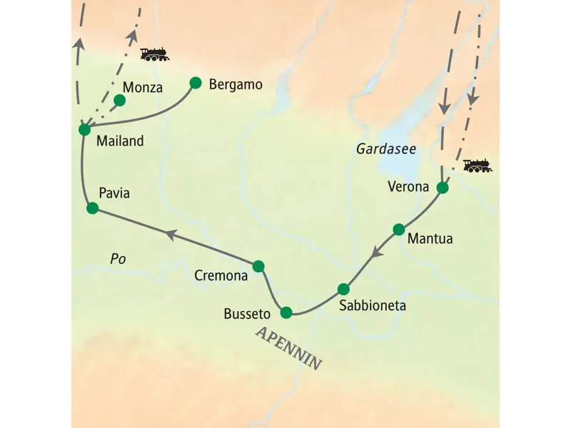 Landkarte der Studiosus-Studienreise durch die Lombardei: Route von Mantua über Cremona und Pavia nach Mailand und Bergamo.