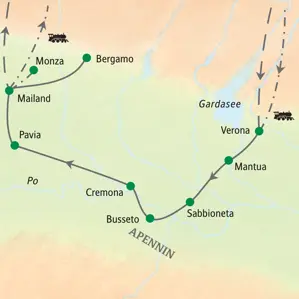 Landkarte der Studiosus-Studienreise durch die Lombardei: Route von Mantua über Cremona und Pavia nach Mailand und Bergamo.