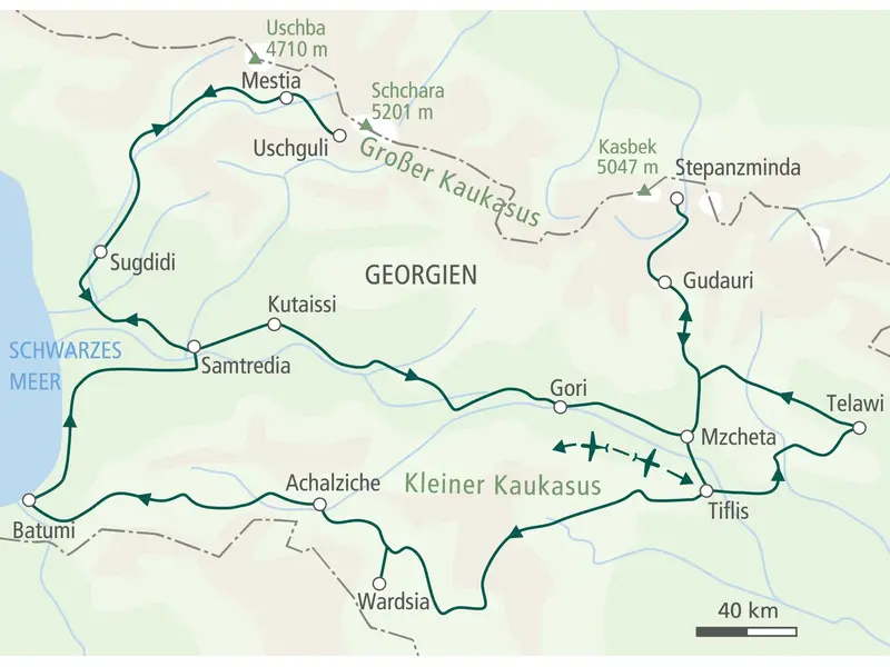 Karte der Wanderreise in Georgien: Route von Tiflis über Stepanzminda, Wardsia, Batumi, Mestia und Kutaissi zurück.