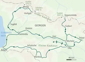 Karte der Wanderreise in Georgien: Route von Tiflis über Stepanzminda, Wardsia, Batumi, Mestia und Kutaissi zurück.
