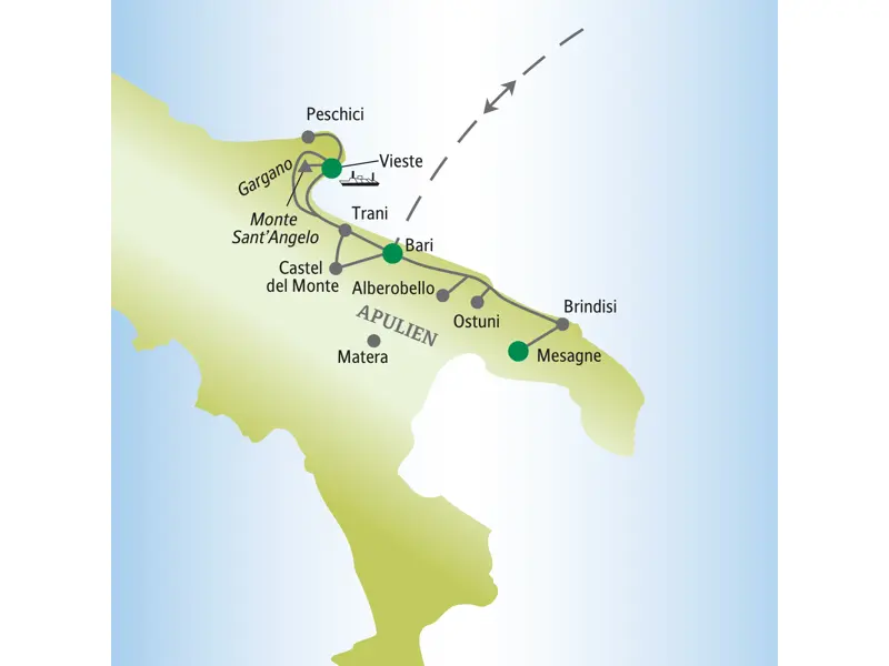 Karte der StudiosusSinglereise in Apulien, die Route führt von Mesagne über Matera, Vieste auf dem Gargano bis nach Bari.