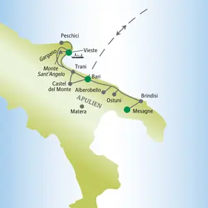 Karte der StudiosusSinglereise in Apulien, die Route führt von Mesagne über Matera, Vieste auf dem Gargano bis nach Bari.