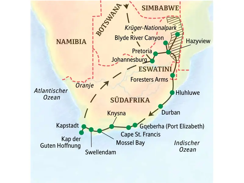 Karte unserer Studienreise durch Südafrika, die von Johannesburg über den Krügerpark und die Gartenroute bis nach Kapstadt führt.