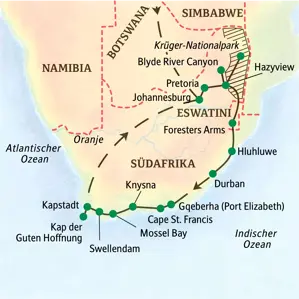 Karte unserer Studienreise durch Südafrika, die von Johannesburg über den Krügerpark und die Gartenroute bis nach Kapstadt führt.