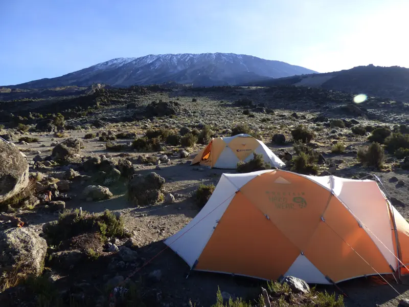 Zwei Zelte im hochalpinen Pofu Camp auf dem Northern Circuit während einer Trekking-Reise mit Blick auf den Kilimanjaro-Gipfel.