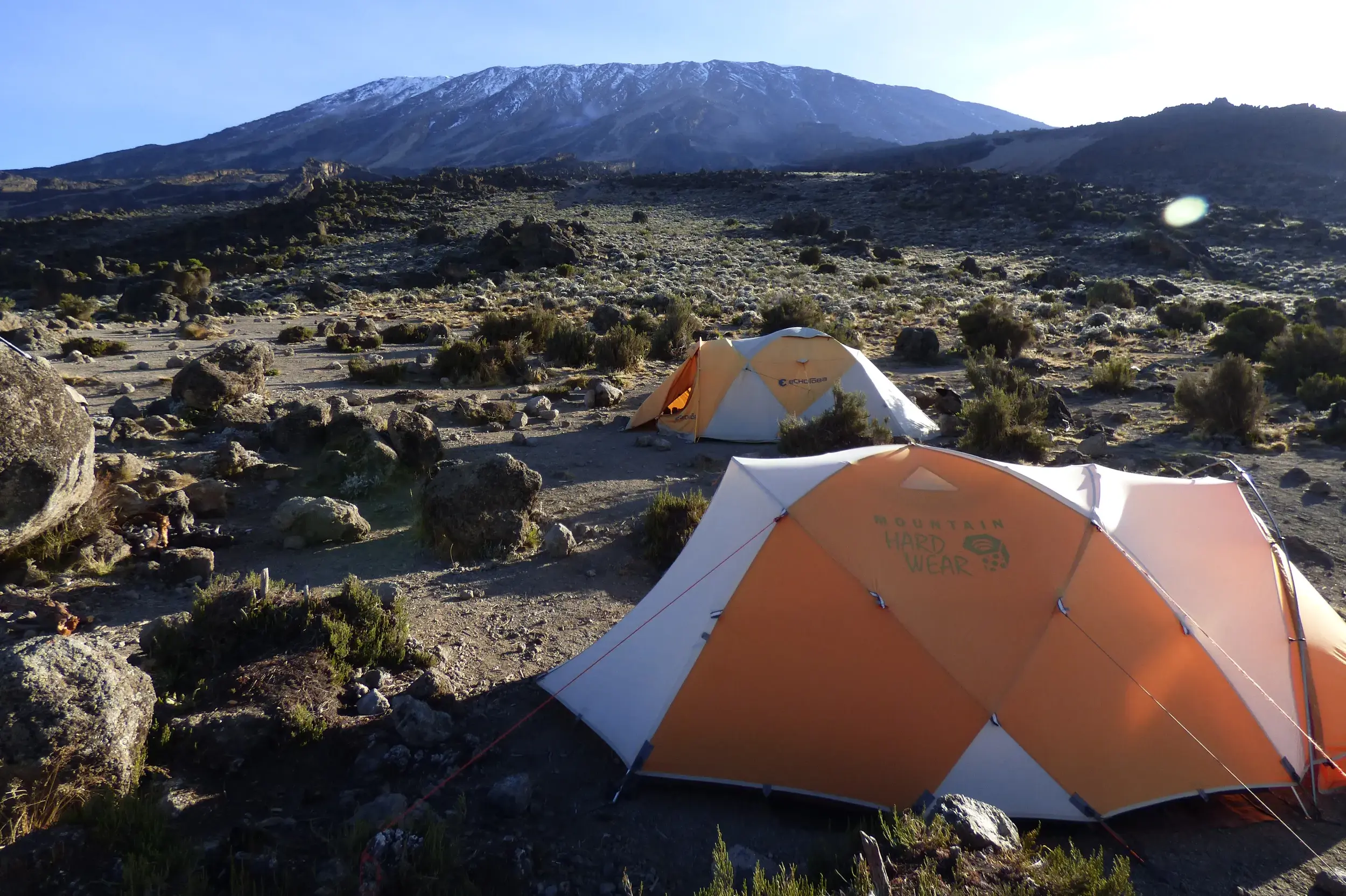 Zelte in einem Hochgebirgscamp auf dem Northern Circuit am Kilimanjaro mit Blick auf den schneebedeckten Kibo-Gipfel.