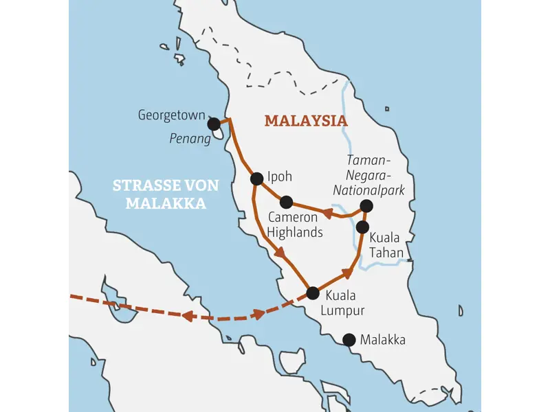 Karte der geführten Rundreise in Malaysia von Kuala Lumpur über Taman Negara, die Cameron Highlands und Ipoh bis nach Penang.