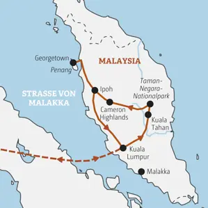Karte der geführten Rundreise in Malaysia von Kuala Lumpur über Taman Negara, die Cameron Highlands und Ipoh bis nach Penang.