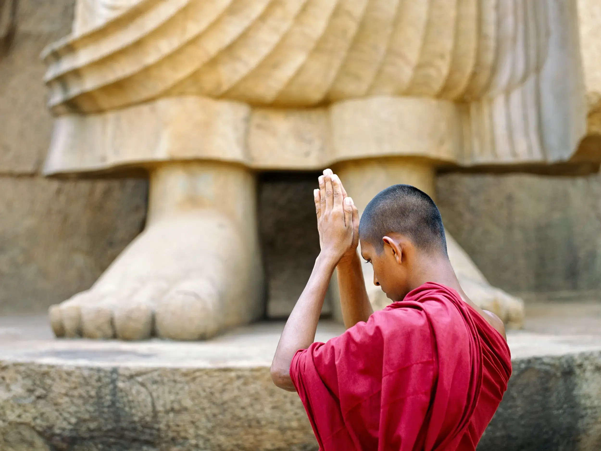 Junger Mönch in roter Robe betet andächtig vor den Füßen einer kolossalen Buddha-Statue in Polonnaruwa, Sri Lanka.
