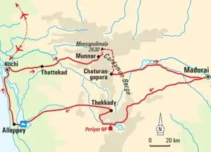 Karte der Trekkingreise in Kerala: Route von Kochi über Munnar und Madurai durch die Cardamon-Berge zum Periyar Nationalpark.