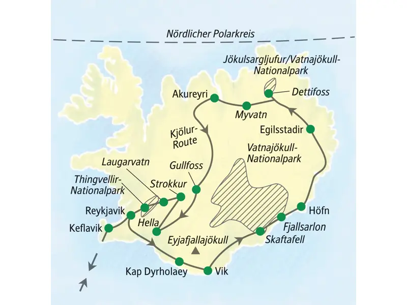 Reiseroute der Island Studienreise von Keflavik entlang der Ringstraße über Skaftafell, Myvatn, Akureyri und die Kjölur-Route.