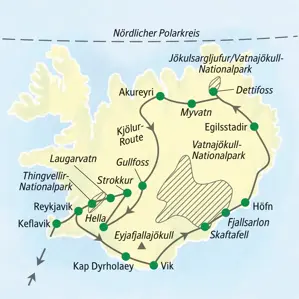Reiseroute der Island Studienreise von Keflavik entlang der Ringstraße über Skaftafell, Myvatn, Akureyri und die Kjölur-Route.