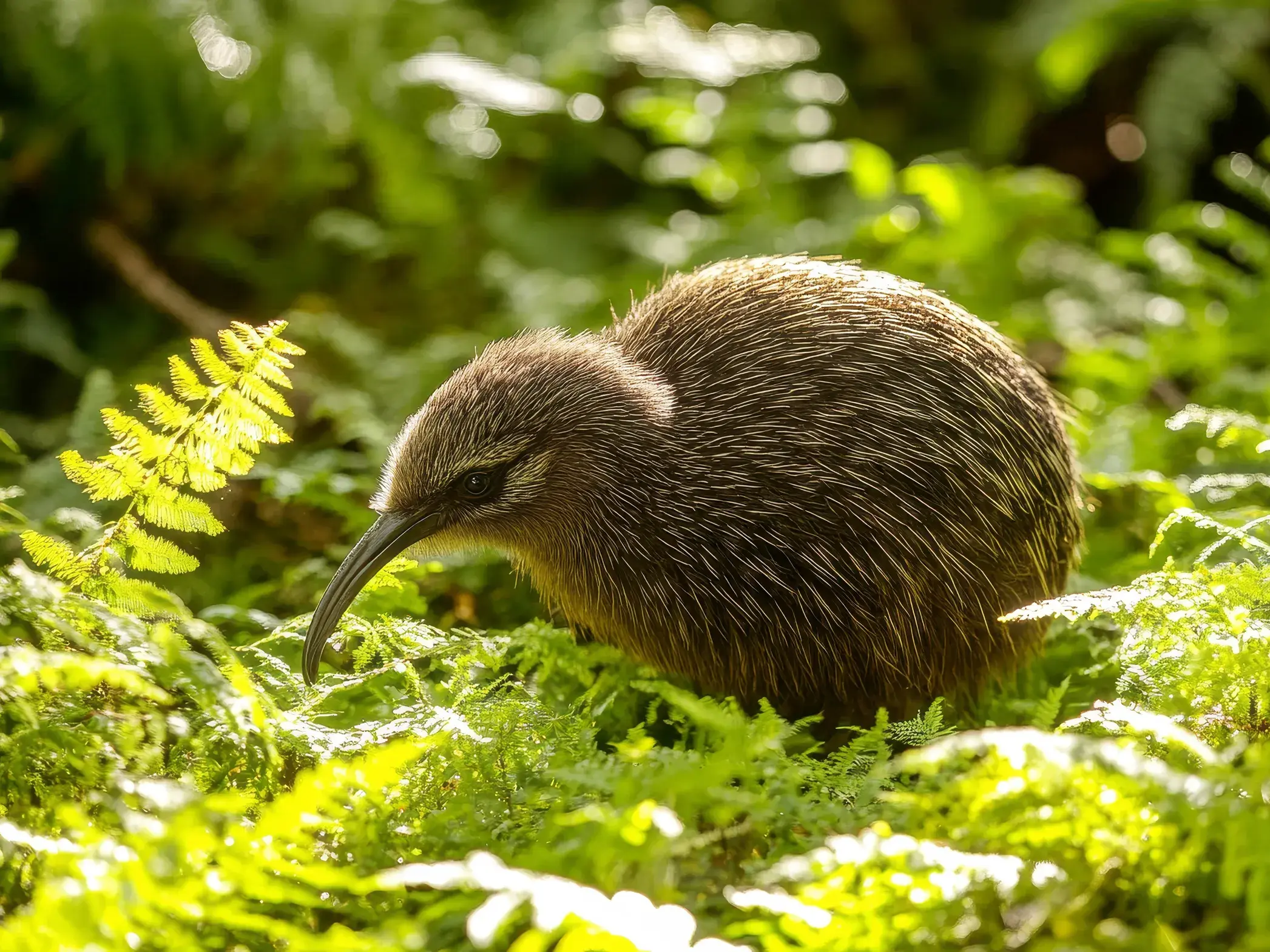 Ein brauner Kiwivogel, das Wappentier Neuseelands, steht zwischen sonnenbeschienenen, grünen Farnen im Unterholz.