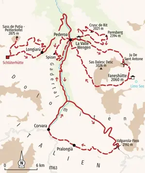 Routenkarte der Wanderreise in Südtirol ab La Valle mit Etappen zum Valparola-Pass, nach Corvara sowie zur Fanes- und Schlüterhütte.