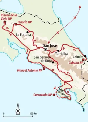Karte der Trekkingreise in Costa Rica: Die Route führt von San José zu den Nationalparks Rincón de la Vieja, Corcovado und Cahuita.