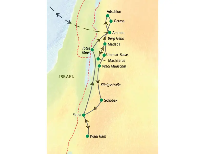 Reiseroute der Studienreise in Jordanien als Karte: Die Studiosus-Wanderreise führt von Amman über Petra und Wadi Ram zum Toten Meer.