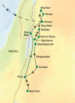 Reiseroute der Studienreise in Jordanien als Karte: Die Studiosus-Wanderreise führt von Amman über Petra und Wadi Ram zum Toten Meer.