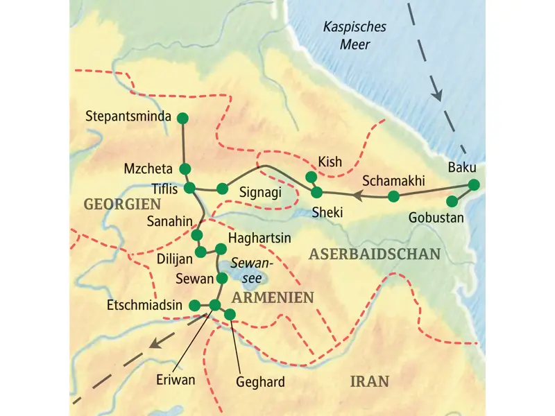Karte der Studiosus-Studienreise im Südkaukasus. Die Route führt von Baku über Sheki und Tiflis bis nach Eriwan in Armenien.