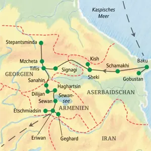 Karte der Studiosus-Studienreise im Südkaukasus. Die Route führt von Baku über Sheki und Tiflis bis nach Eriwan in Armenien.