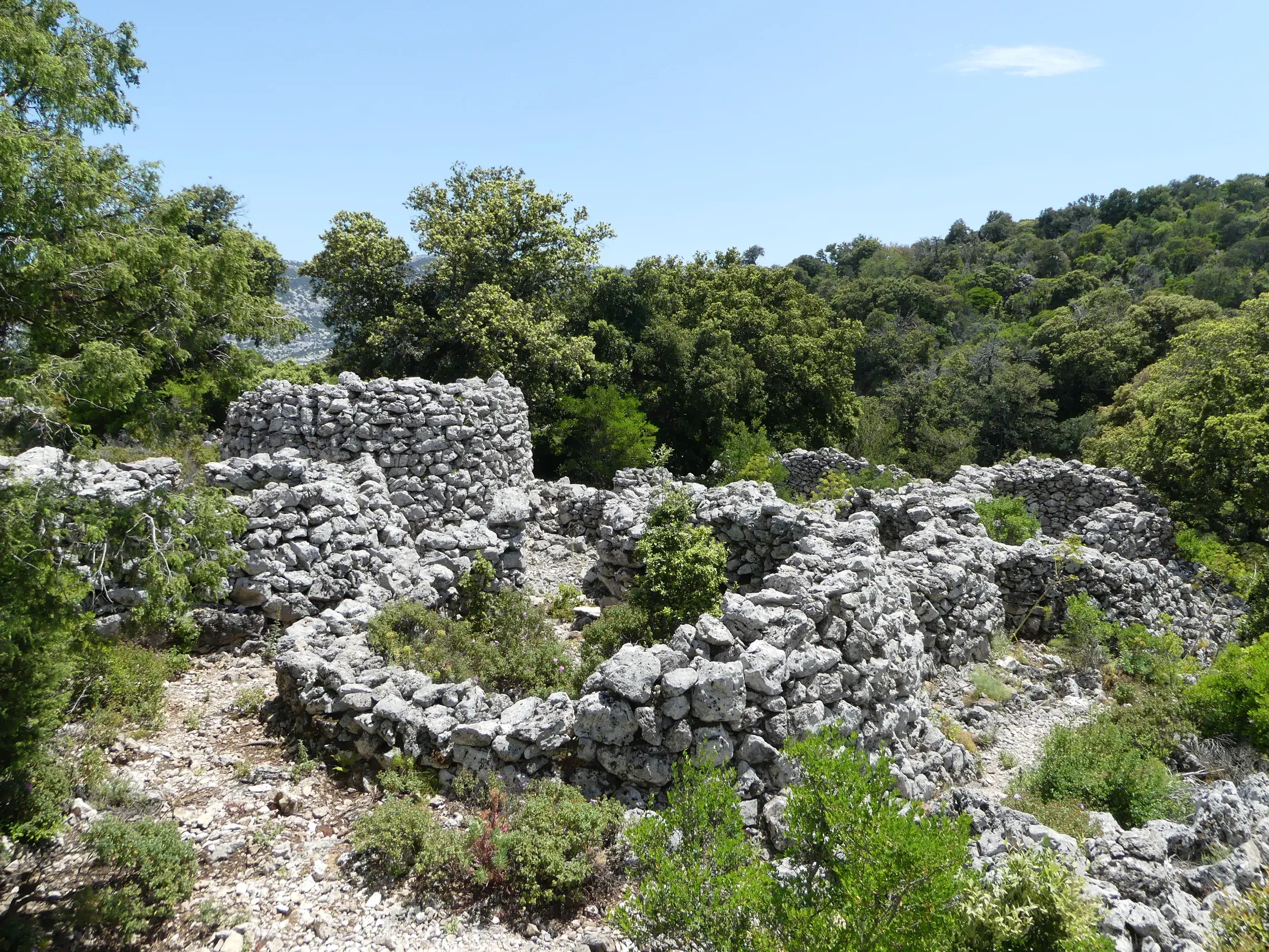 Steinerne Ruinen einer alten Dorfanlage aus der Bronzezeit während einer Wanderung durch die grüne Macchia Sardiniens.