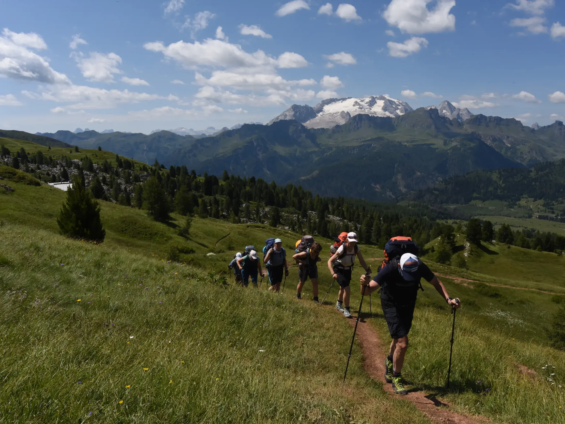 Eine Wandergruppe auf Trekkingtour über eine grüne Almwiese in den Dolomiten mit Panoramablick auf die Marmolata.