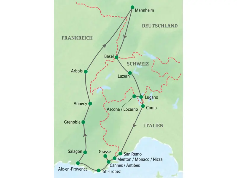 Karte der Studienreise nach Südfrankreich im Komfortbus von Mannheim durch die Schweiz, Italien und entlang der Côte d'Azur mit Stopps in Lugano, Cannes und Aix-en-Provence.