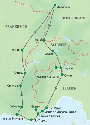 Karte der Studienreise nach Südfrankreich im Komfortbus von Mannheim durch die Schweiz, Italien und entlang der Côte d'Azur mit Stopps in Lugano, Cannes und Aix-en-Provence.
