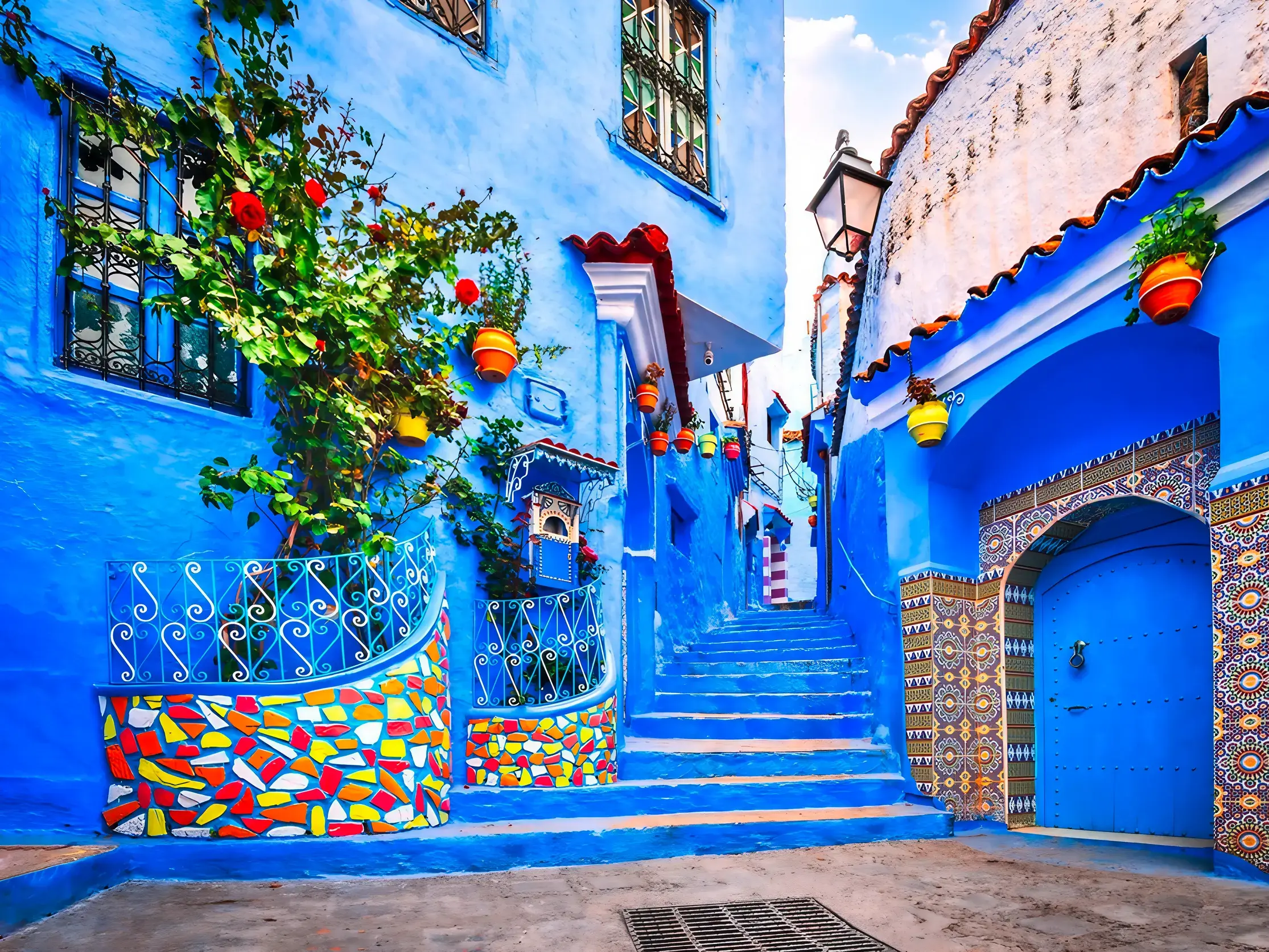 Malerische Gasse mit blauen Wänden und Treppen in der Medina von Chefchaouen, Marokko, geschmückt mit bunten Mosaiken.