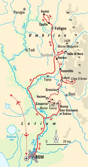 Karte der Wanderreise in Umbrien & Latium. Die Route führt von Rom nach Assisi, Vallo di Nera, Labro und Casperia.