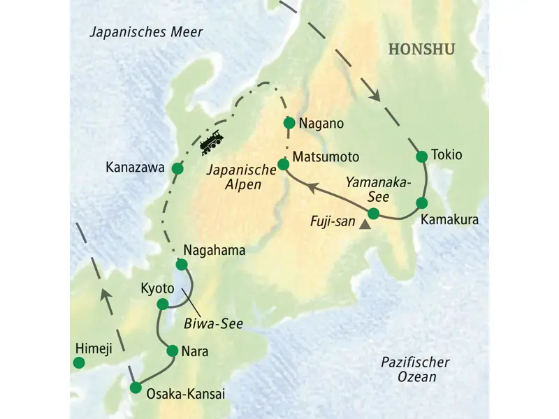 Karte der Studiosus Studienreise in Japan von Tokio über Fuji-san, die Japanischen Alpen und Kyoto nach Osaka.