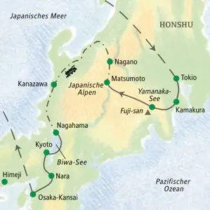 Karte der Studiosus Studienreise in Japan von Tokio über Fuji-san, die Japanischen Alpen und Kyoto nach Osaka.